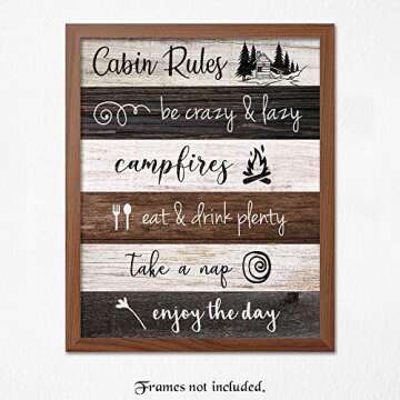 Farmhouse Style Cabin Rules Humor Print, 1 (8x10) Unframed Photos, Wall Art Decorations Gift for Hom...