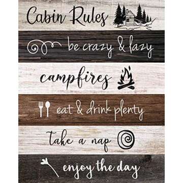 Farmhouse Style Cabin Rules Humor Print, 1 (8x10) Unframed Photos, Wall Art Decorations Gift for Home Office Gear Garage Man Cave Kitchen Mountain Log House School Student Teacher Camping Hiking Fan