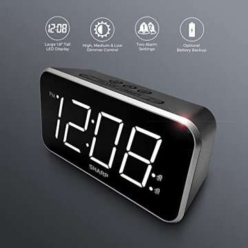 Sharp Alarm Clock Jumbo Easy to Read Display – 3 Step Dimmer Control – Dual Alarms, Battery Back...