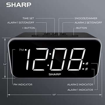 Sharp Alarm Clock Jumbo Easy to Read Display – 3 Step Dimmer Control – Dual Alarms, Battery Back-up, Black with White LED