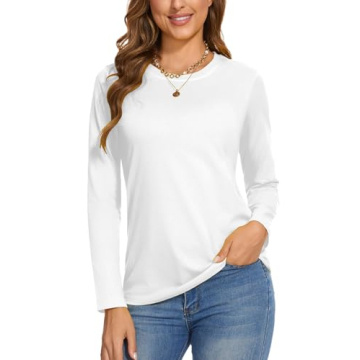 SMENG Ladies Cotton Tee Long-Sleeve Shirts Wicking Soft Crew-Neck T-Shirt Basic Solid Color Classic-...