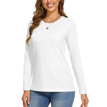 SMENG Ladies Cotton Tee Long Sleeve Soft Crew-Neck T-Shirt