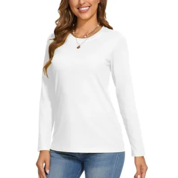 SMENG Ladies Cotton Tee Long Sleeve Soft Crew-Neck T-Shirt