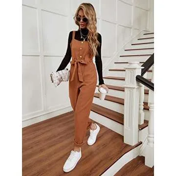Floerns Women's Button Front Belted Pinfore Jumpsuit Overalls With Pockets A Brown S