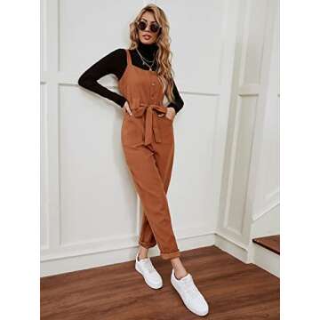 Floerns Women's Button Front Belted Pinfore Jumpsuit Overalls With Pockets A Brown S