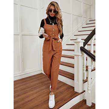 Floerns Women's Button Front Belted Pinfore Jumpsuit Overalls With Pockets A Brown S