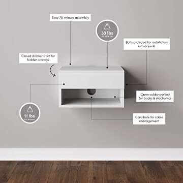 Nathan James Wall Mounted Floating Bedroom Nightstand with Storage Drawer and Modern Open Shelf Cubby, White