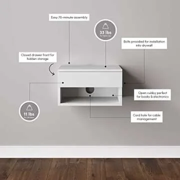 Nathan James Wall Mounted Floating Bedroom Nightstand with Storage Drawer and Modern Open Shelf Cubby, White