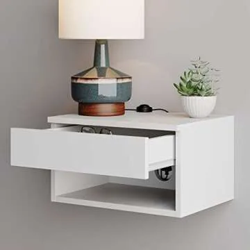 Nathan James Wall Mounted Floating Bedroom Nightstand with Storage Drawer and Modern Open Shelf Cubby, White