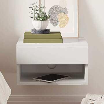 Nathan James Wall Mounted Floating Bedroom Nightstand with Storage Drawer and Modern Open Shelf Cubby, White