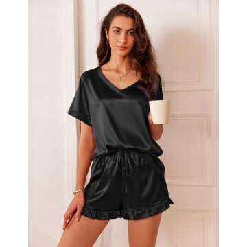 Ekouaer Satin Pajamas for Women Short Sleeve Silk Sleepwear 2 Piece Pjs Set with Ruffled Shorts Casu...