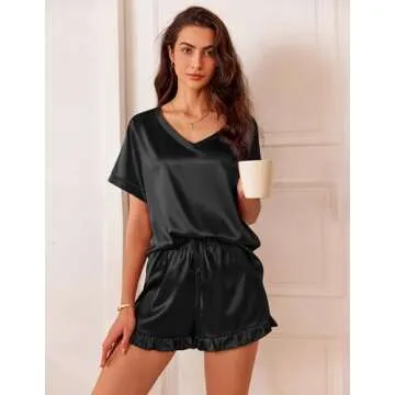 Ekouaer Satin Pajamas for Women Short Sleeve Silk Sleepwear 2 Piece Pjs Set with Ruffled Shorts Casu...