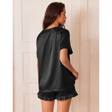 Ekouaer Satin Pajamas for Women Short Sleeve Silk Sleepwear 2 Piece Pjs Set with Ruffled Shorts Casual Loungewear Black Large