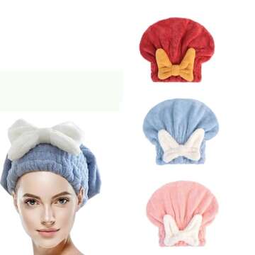 RICHERI 3PCS Bowknot Cute Hair Dry Cap Hat Girl Soft Super Water Absorbent Elastic Wrap Quick Drying Cap Hat for Women