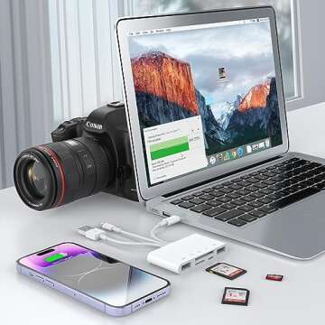 5-in-3 SD Card Reader for iPhone iPad with USB A & Charging Port, Lightning + USB A + USB C to SD Me...