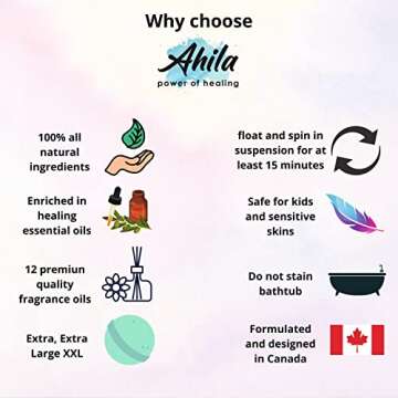 Ahila power of healing 12 XXL Bubbly Organic Bath Bombs Gift Set for Women Men and Kids Designed in Canada Long Lasting Floaters Relaxing Aromatherapy Rich in Pure Essential Oils Healing Properties