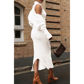 PRETTYGARDEN Womens Fall 2 Piece Outfits Bodycon Maxi Tank Pullover Sweater Dress And Long Sleeve Cropped Cardigan Knit Sets (White,Small)