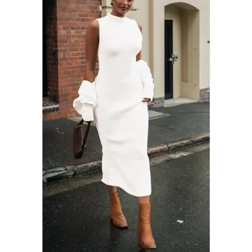 PRETTYGARDEN Womens Fall 2 Piece Outfits Bodycon Maxi Tank Pullover Sweater Dress And Long Sleeve Cropped Cardigan Knit Sets (White,Small)