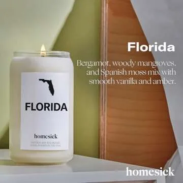 Homesick Scented Candles for Home (Florida) - 13.75 oz Long-Lasting Soy Wax Jar Candle for Women & Men for All Occasions, 60-80 Hours Burn Time - Notes of Moss & Bergamot