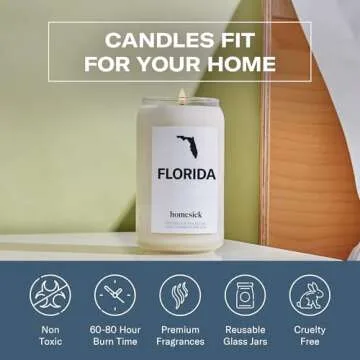 Homesick Scented Candles for Home (Florida) - 13.75 oz Long-Lasting Soy Wax Jar Candle for Women & Men for All Occasions, 60-80 Hours Burn Time - Notes of Moss & Bergamot