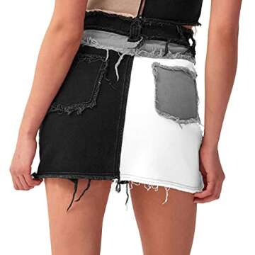 Tulucky Womens Fashion Mid-Rise Color Blocking Patchwork Ripped Stretch Denim Skirts(BlackGreyWhite,M)