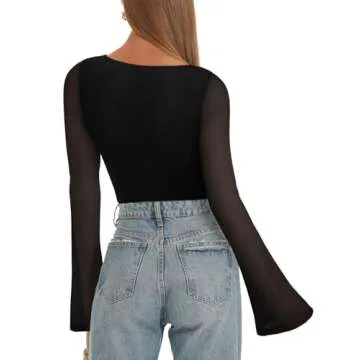 REORIA Women’s Fashion Sexy Boat Neck Classy Bell Sleeve Double Lined Sheer Mesh Cute Night Out Bodysuit Tops for Party Black X-Large