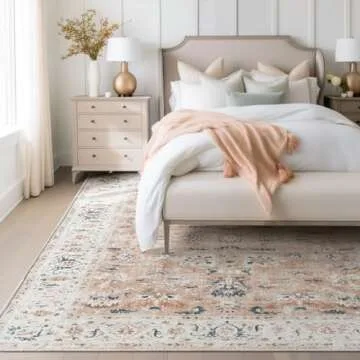 jinchan Area Rug 5x7 Living Room Rug - Washable Vintage Boho Floral Print Floor Cover Lightweight Low Pile Thin Non-Slip Retro Distressed Carpet for Bedroom Dining Room Kitchen Office Pink Blush