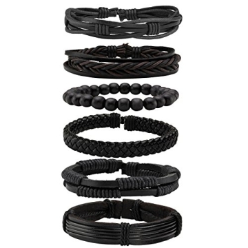 MILAKOO 6 Pcs Black Braided Leather Bracelets for Men and Women