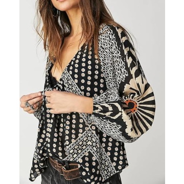 Women Y2k Floral Print Puff Long Sleeve Shirts Bow Tie Front Peplum Babydoll Tops Summer Casual Going Out Blouses