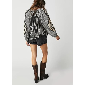 Women Y2k Floral Print Puff Long Sleeve Shirts Bow Tie Front Peplum Babydoll Tops Summer Casual Going Out Blouses