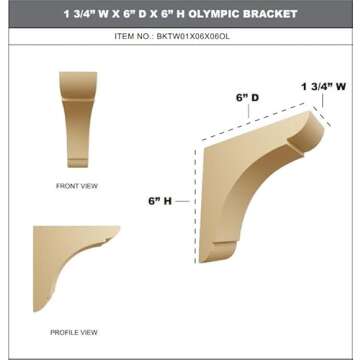 Ekena Millwork BKTW01X06X06OLRW Small Olympic Wood Wood Brackets,'1.75 Wx6 Dx6 H Inch' , Rubberwood