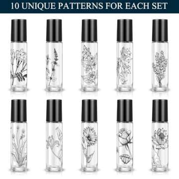 10 Pieces Essential Oil Roller Bottles 10 ml Empty Roller Bottles for Essential Oils Lip Oil, Glass Refillable Oil Container Printed with Patterns