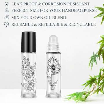 10 Pieces Essential Oil Roller Bottles 10 ml Empty Roller Bottles for Essential Oils Lip Oil, Glass Refillable Oil Container Printed with Patterns