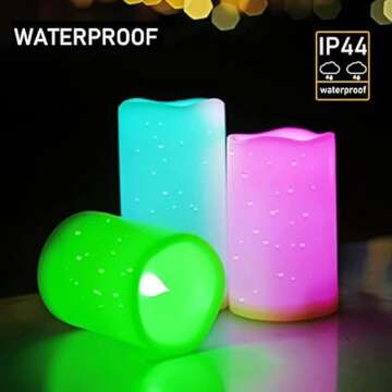 SWEETIME 3 Color Changing Led Pillar Candles with Controller and Timer - 3x4 3x5 3x6 Multi Colored Flickering Outdoor Waterproof Flameless Candles Battery Operated,Weatherproof Candles.