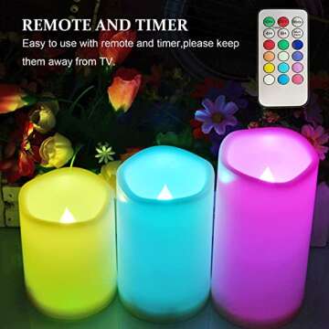 SWEETIME 3 Color Changing Led Pillar Candles with Controller and Timer - 3x4 3x5 3x6 Multi Colored Flickering Outdoor Waterproof Flameless Candles Battery Operated,Weatherproof Candles.