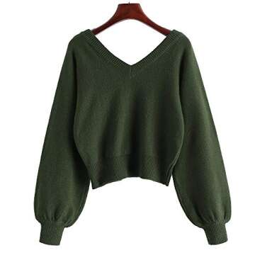 ZAFUL Women's Cropped Sweater V-Neck Long Sleeve Crop Sweater Pullover Jumper Knit Top (1-Green, L)