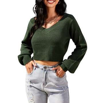 ZAFUL Women's Cropped Sweater V-Neck Long Sleeve Crop Sweater Pullover Jumper Knit Top (1-Green, L)