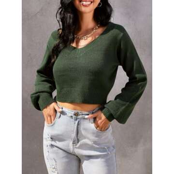 ZAFUL Women's Cropped Sweater V-Neck Long Sleeve Crop Sweater Pullover Jumper Knit Top (1-Green, L)