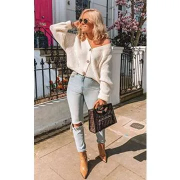 Angashion Women's V Neck Button Down Long Sleeve Cable Knit Cardigan Sweaters Outerwear Tops White Small