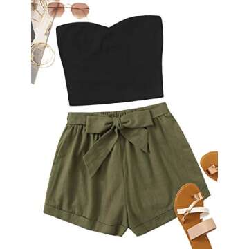 Floerns Women's 2 Piece Outfit Summer Plain Tube Crop Top with Shorts A Multi S