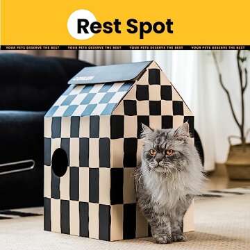 Conlun Cardboard Cat House with Scratch Pad & Catnip, Cat Play Scratching House for Indoor Hideaway Furniture, Heavy Duty Sturdy Cardboard Scratcher, Easy to Assemble Birthday Gift