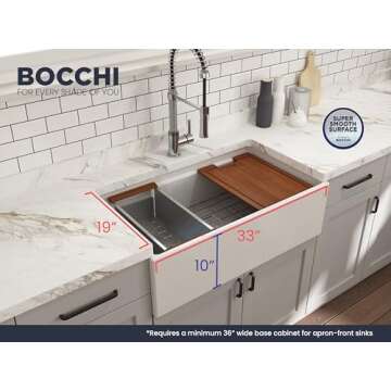 BOCCHI Contempo Workstation Apron Front Step Rim Fireclay 33 in. Single Bowl Kitchen Sink with Acces...
