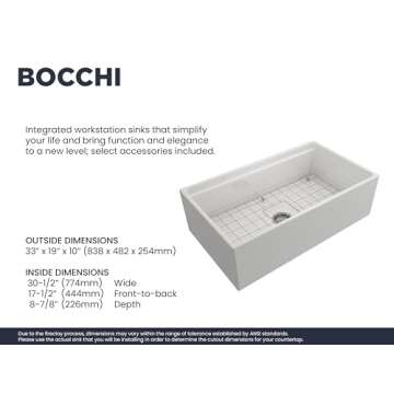 BOCCHI Contempo Workstation Apron Front Step Rim Fireclay 33 in. Single Bowl Kitchen Sink with Accessories in White