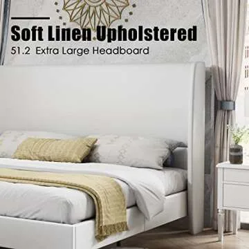 PaPaJet Full Platform Bed Frame 51.2" High Headboard Tall Upholstered Bed/No Box Spring Required/Wood Slat Support/Easy Assembly White