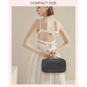 Relavel Small Makeup Bag, Makeup Brush Cosmetic Organizer, Portable 2 Layer Travel Makeup Organizer, Cosmetic Bag for Women, Handbag Purse Pouch, Compact Capacity for Daily Use (Black)