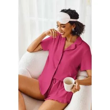 Ekouaer Pajamas Set for Women Short Sleeve Sleepwear Button Down Pjs Lounge Sets Soft Nightwear Rose Red Small