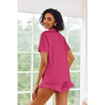 Ekouaer Pajamas Set for Women Short Sleeve Sleepwear Button Down Pjs Lounge Sets Soft Nightwear Rose Red Small