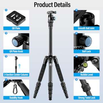Sirui Compact Traveler 5C Tripod 54.3 inches Lightweight Carbon Fiber Travel Tripod Portable Camera ...