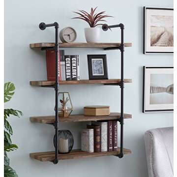 HOMISSUE 4-Shelf Rustic Pipe Shelving Unit, Metal Decorative Accent Wall Book Shelf for Home or Office Organizer, Retro Brown