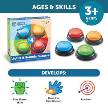 Learning Resources Lights and Sounds Buzzers,Set of 4, Ages 3+, Game Show and Classroom Buzzers, Family Game Night, Game Show Buzzers, Classroom Accessories